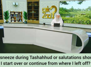 If I sneeze in prayer (tashahhud) & say Alhamdulillah, do I continue or repeat what I was reciting?