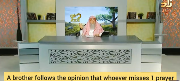 A brother believes whoever misses one prayer is a kafir, should he divorce his wife?